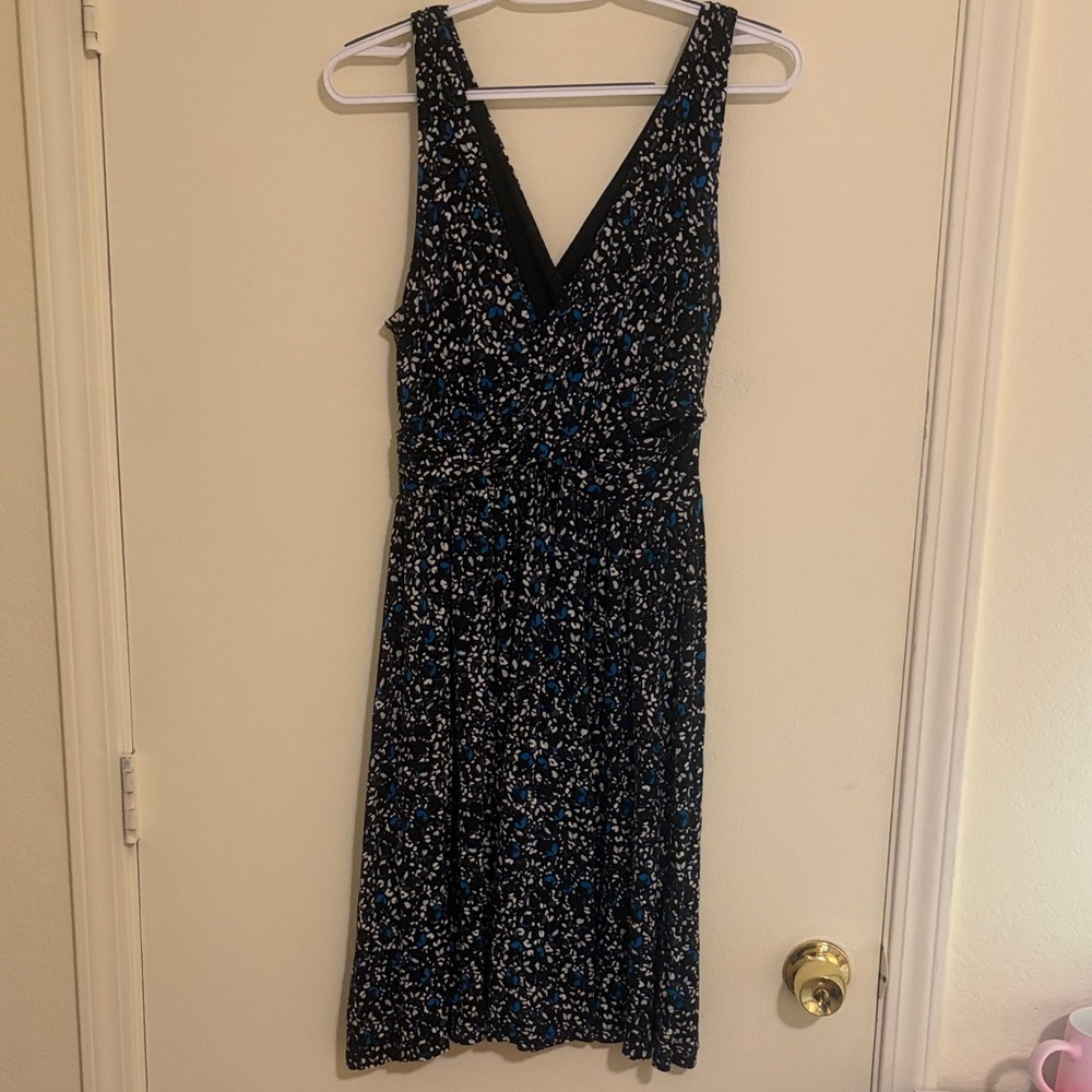 LOFT Black and Blue Patterned Midi Dress